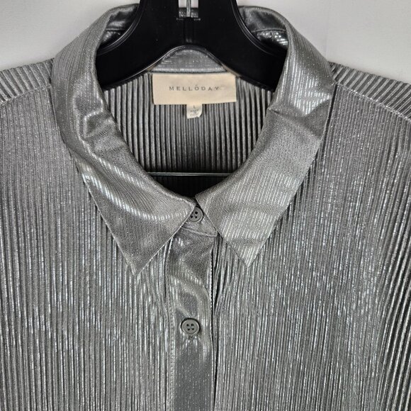 Melloday Pleated Silver Two-Piece Set Large Button-Up Top & Pants - Picture 3 of 14